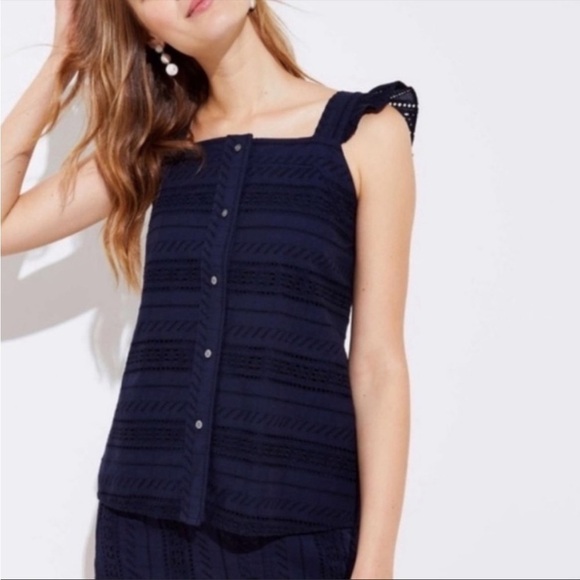 LOFT Eyelet Lace Shell Tank Top Ruffle Smocked Button Details Petite Size Medium - Picture 2 of 8